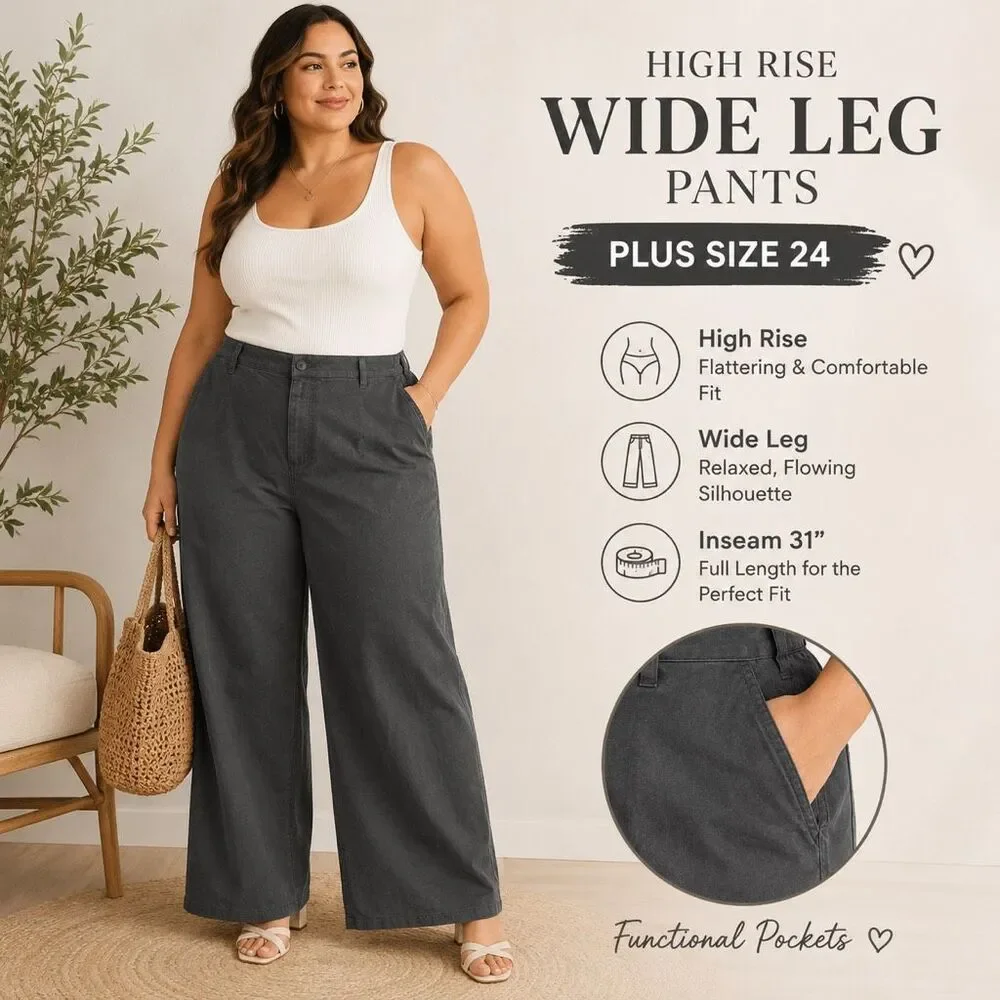 Abound High Rise Wide Leg Utility Pants Gray Stretch Cotton Plus Size 24